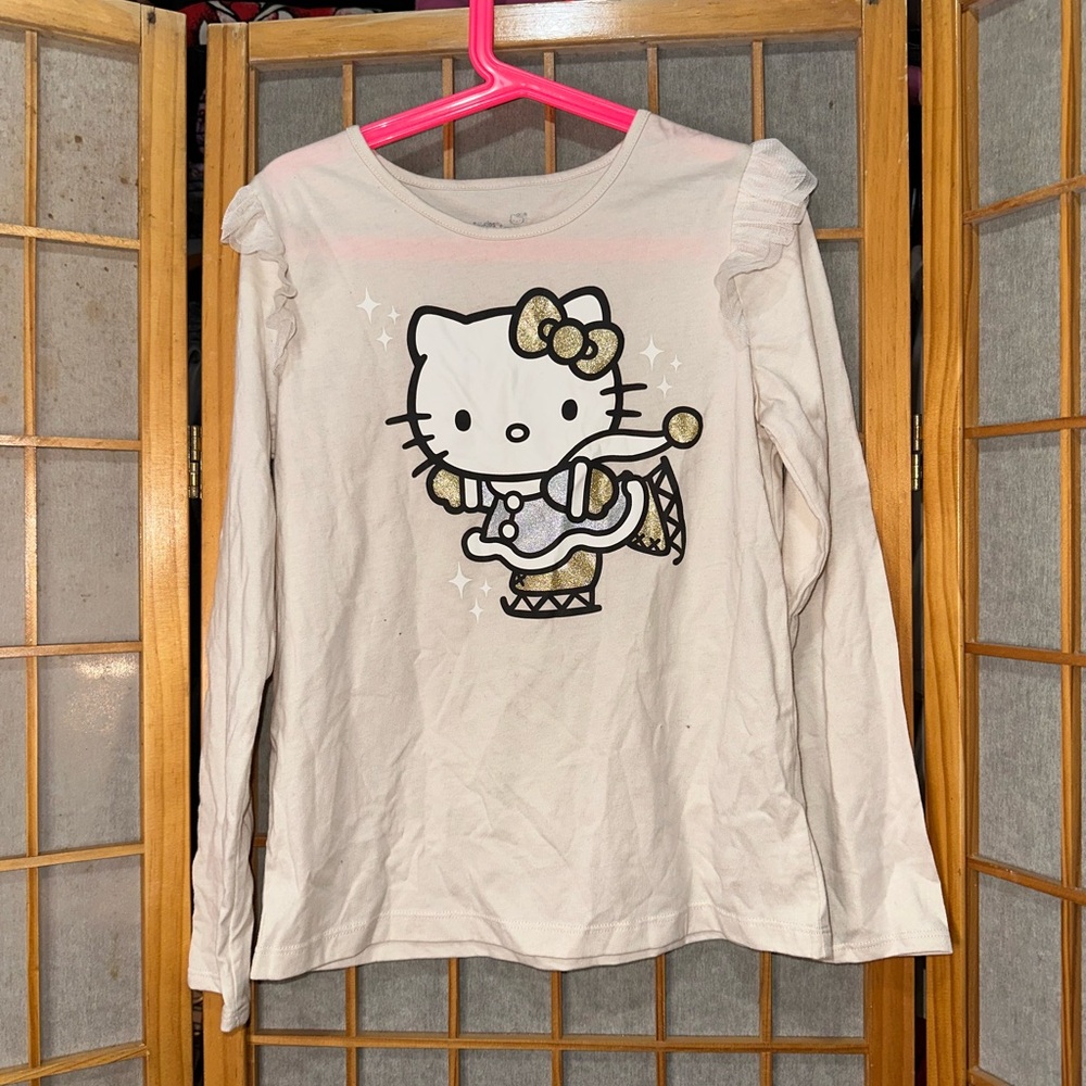 Ice Skating Hello Kitty Long Sleeve Tee with Gold Glitter Accents